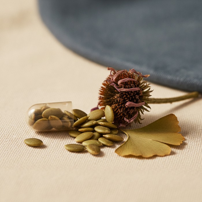 Fotografia editoriale: una capsula aperta con semi di zucca, fiore di echinacea e foglia di ginkgo su lino