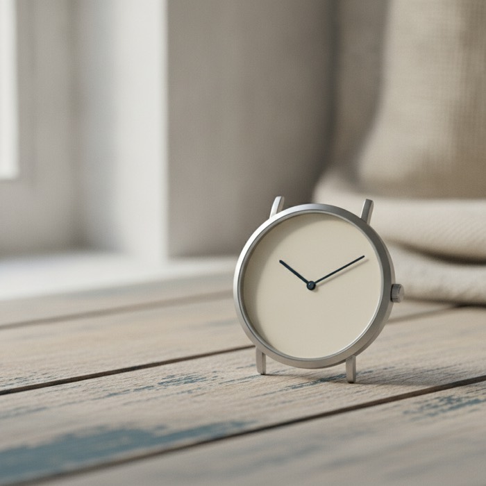 Fotografia editoriale: un orologio da polso analogico su legno chiaro, primo piano